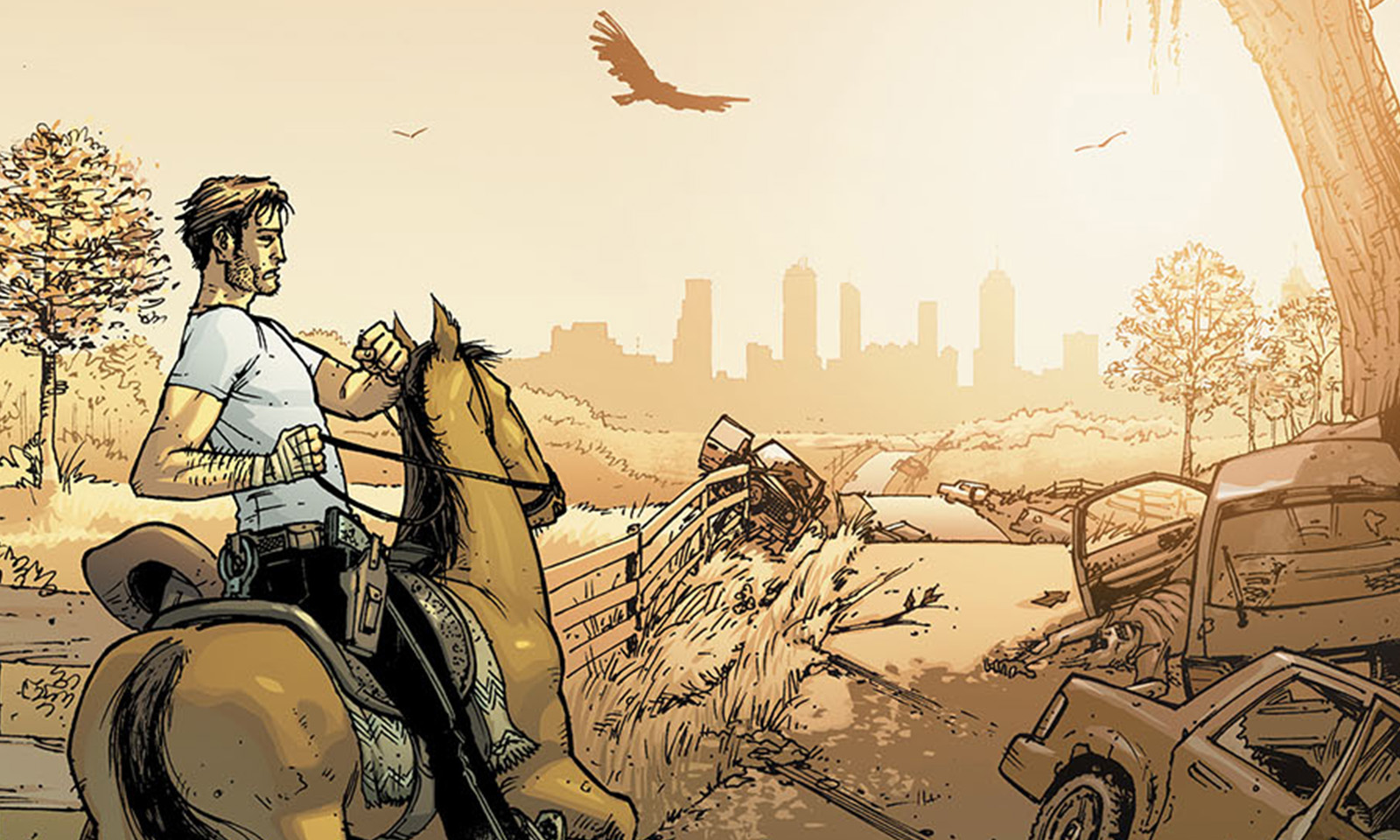 rick grimes montado em um cavalo em direção a Atlanta na capa da versão colorida da edição 2 da HQ de The Walking Dead