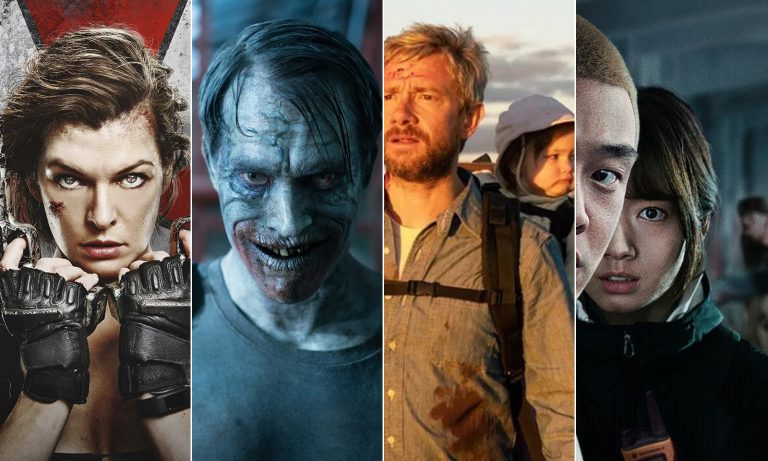 montagem com imagens dos filmes Resident Evil: O Último Capítulo, Day of the Dead: Bloodline, Cargo e #Alive