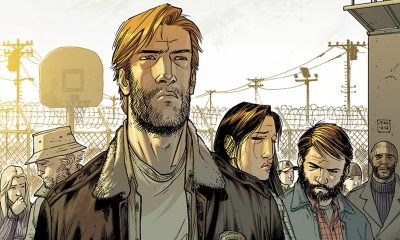 Rick e o grupo no pátio da prisão na capa da edição The Walking Dead 18