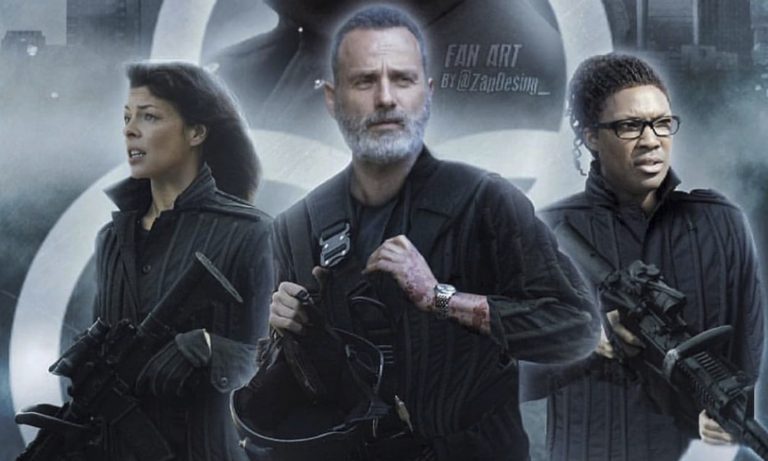Arte de Fã reunindo Rick, Jadis e Heath armados nos filmes de The Walking Dead
