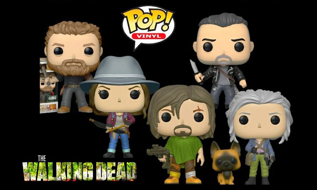 Montagem com os funko de The Walking Dead da Série 10 - Aaron, Maggie, Daryl e Cachorro, Negan e Carol