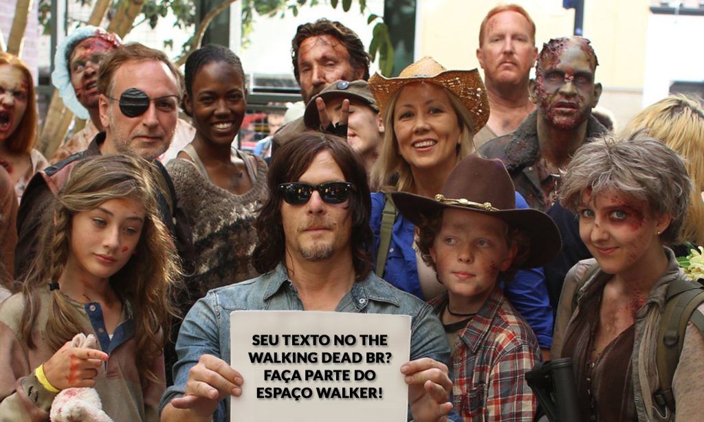 Norman Reedus ao lado de fãs de The Walking Dead usando cosplays dos personagens da série de TV.