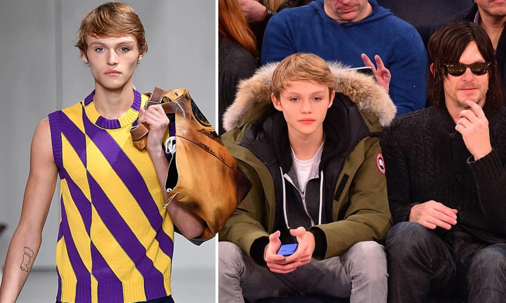 Montagem mostrando Mingus Reedus desfilando em uma foto e na outra ele ao lado do pai, Norman Reedus, o Daryl Dixon de The Walking Dead.