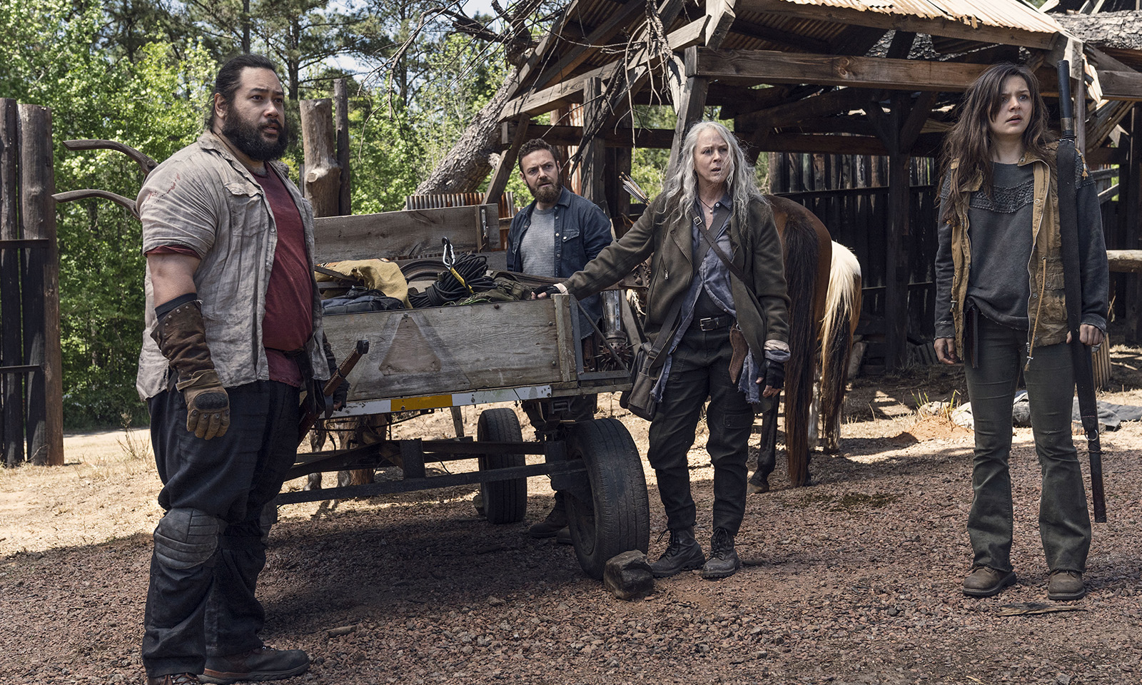 Jerry, Aaron, Carol e Lydia observando surpresos algo ou alguém no episódio 5 da 11ª temporada de The Walking Dead.