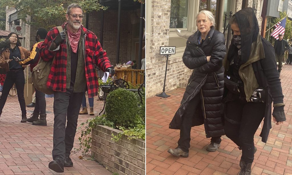 Jeffrey Dean Morgan e Melissa McBride andando no set de gravações de The Walking Dead em Senoia.