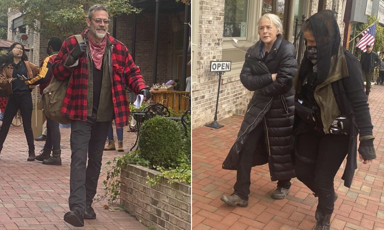 Jeffrey Dean Morgan e Melissa McBride andando no set de gravações de The Walking Dead em Senoia.