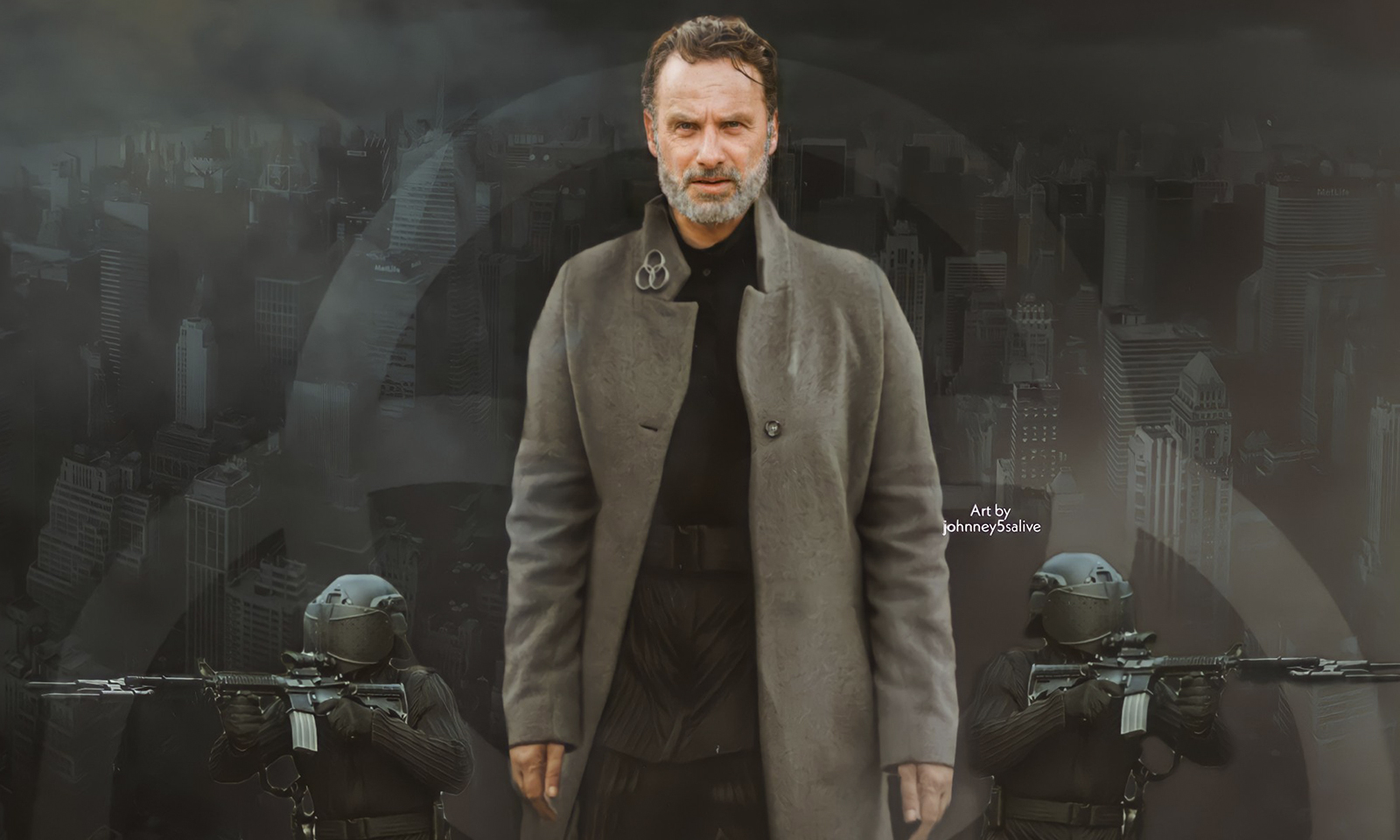 Montagem feito por fã onde vemos Rick Grimes como Major General Beale ao lado de soldados da CRM em The Walking Dead: World Beyond.