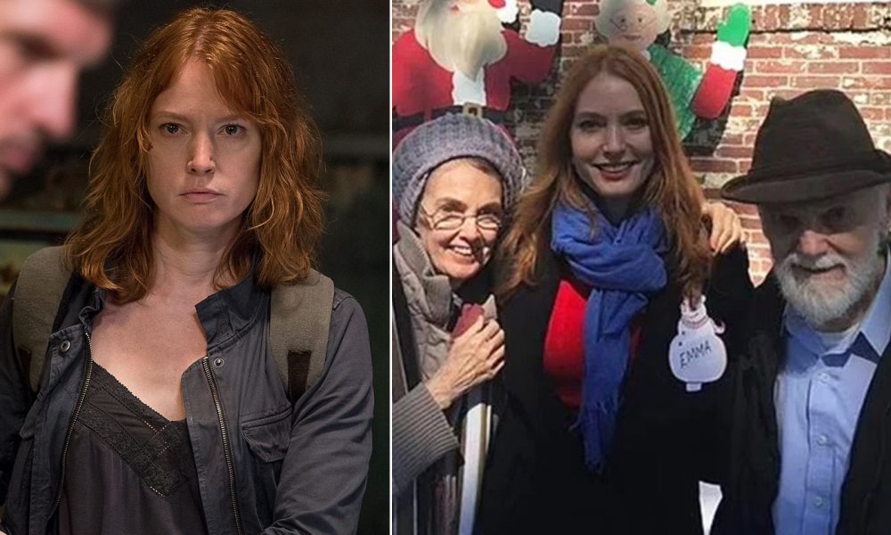 Montagem com Alicia Witt como Paula de The Walking Dead de um lado e do outro a atriz com seus pais.