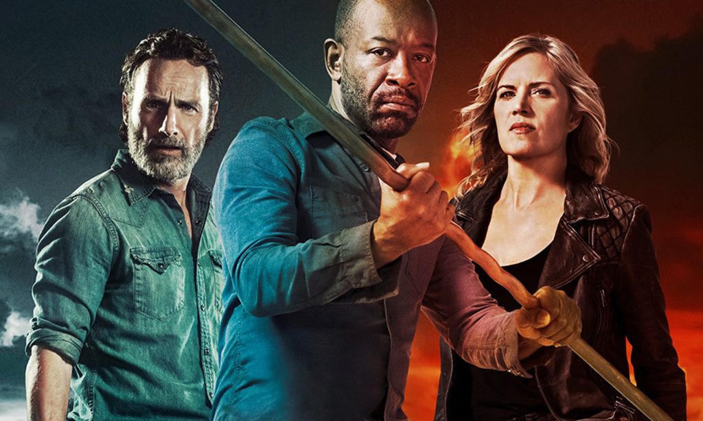 Rick, Morgan e Madison reunidos em uma montagem que simboliza o crossover de The Walking Dead com Fear the Walking Dead.