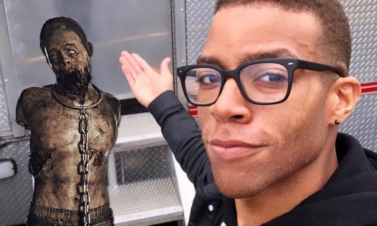 Montagem com Moses J Moseley apontando para seu personagem em The Walking Dead.