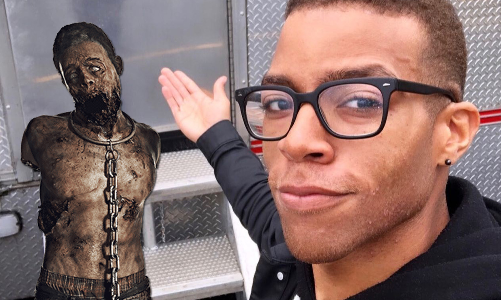 Montagem com Moses J Moseley apontando para seu personagem em The Walking Dead.