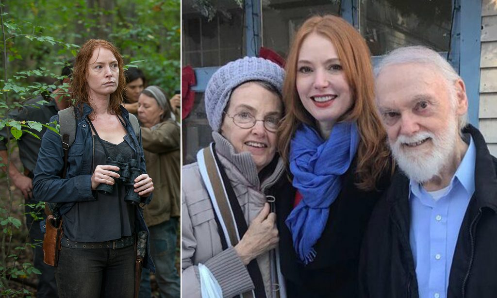 Montagem com Alicia Witt como Paula em The Walking Dead e uma foto pessoal com seus pais.