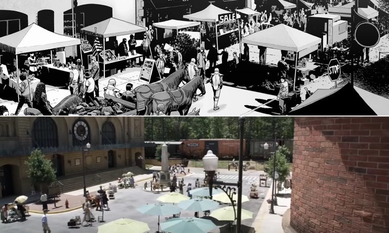 Montagem comparando Commonwealth na HQ e na Série de TV de The Walking Dead.