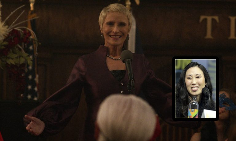 Montagem mostrando Pamela Milton sorrindo e de braços abertos no episódio 10 da 11ª temporada de The Walking Dead e a showrunner Angela Kang.