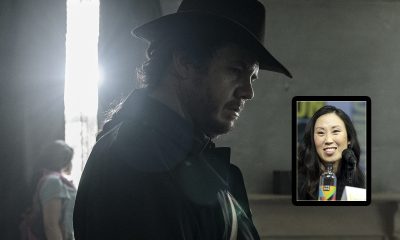 Montagem com Eugene buscando por algo enquanto Princesa observa pela janela no episódio 11 da 11ª temporada de The Walking Dead e uma foto da showrunner Angela Kang.