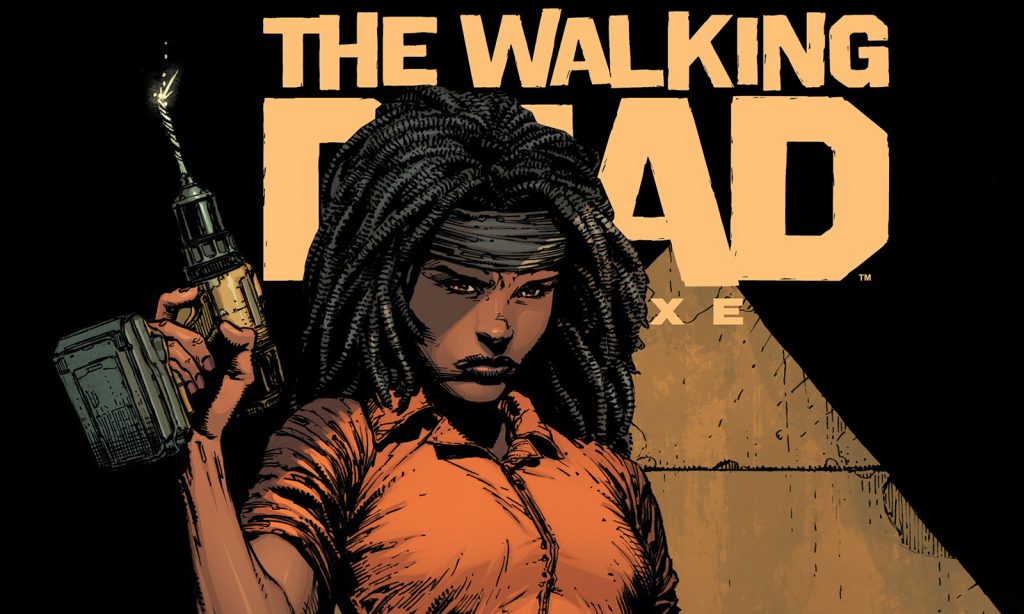 Michonne segurando uma broca na capa da edição 33 da The Walking Dead Deluxe.