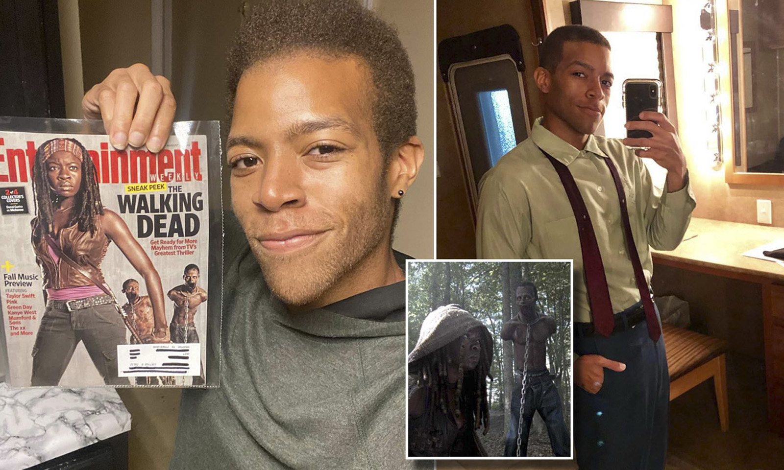 Montagem com fotos pessoais de Moses J. Moseley, onde uma ele está segurando uma revista da EW que está promovendo The Walking Dead e a outra é uma foto tirada no espelho.