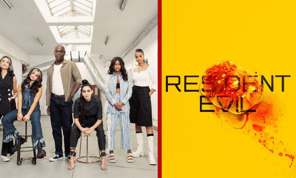 Montagem com atores e logo da série Resident Evil da Netflix.