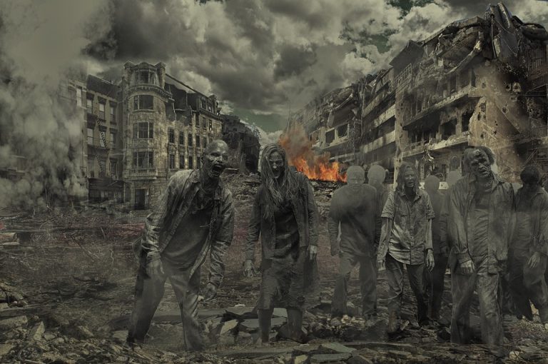 Montagem de zumbis de The Walking Dead com mundo destruido.