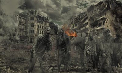 Montagem de zumbis de The Walking Dead com mundo destruido.