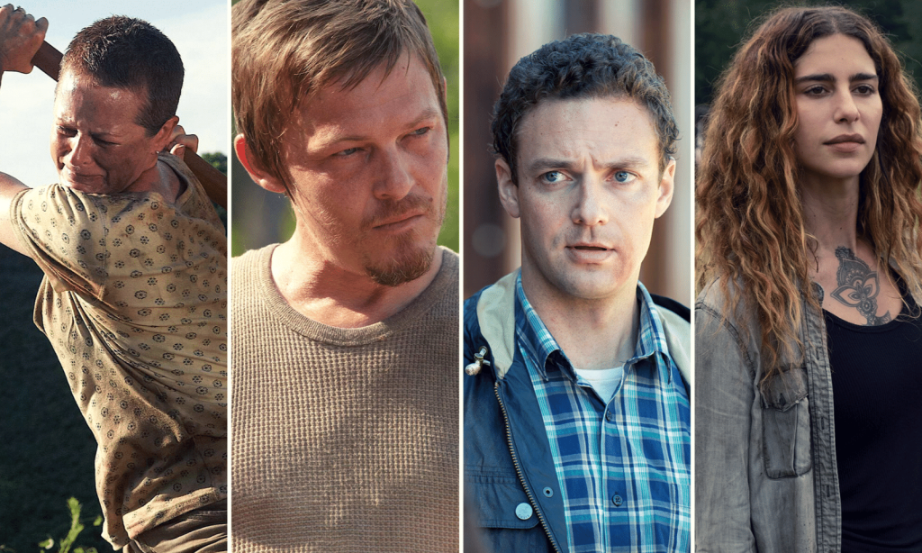 Montagem com imagens de Carol, Daryl, Aaron e Magna em suas primeiras aparições em The Walking Dead.