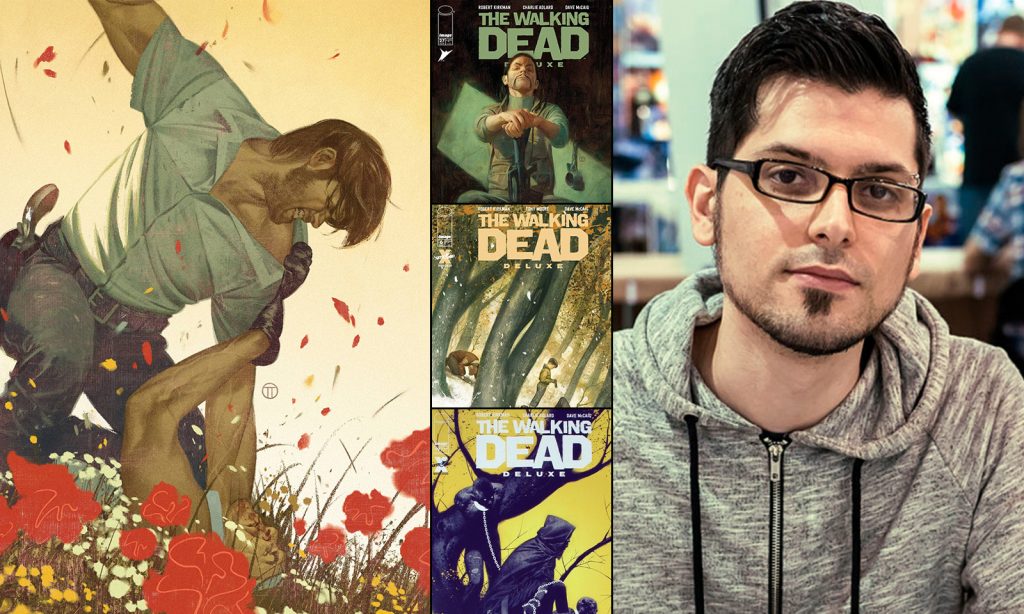 Montagem com foto de Julian Totino Tedesco e quatro de suas capas variantes da HQ de The Walking Dead.