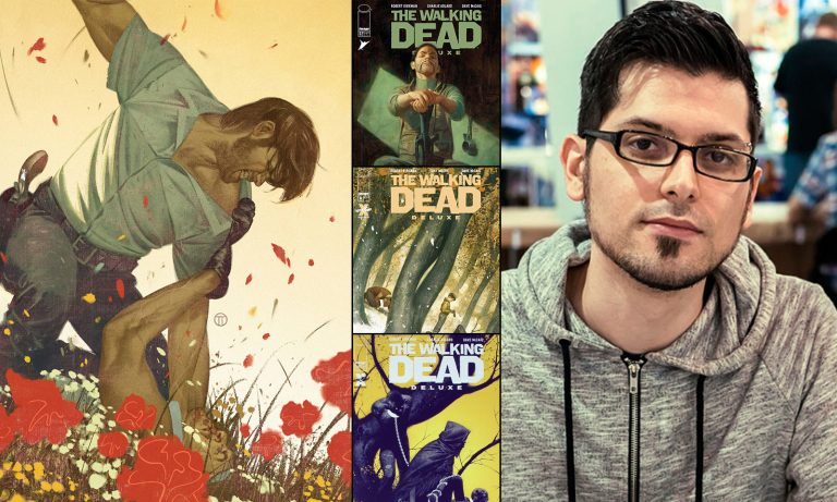 Montagem com foto de Julian Totino Tedesco e quatro de suas capas variantes da HQ de The Walking Dead.