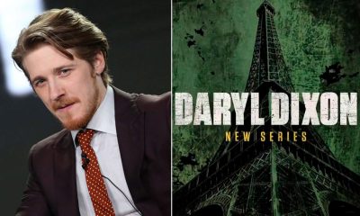 Montagem do ator Adam Nagaitis em evento e a logo de divulgação do spin-off The Walking Dead: Daryl Dixon.