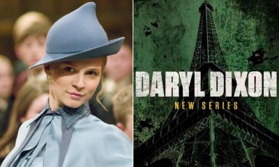Montagem da atriz Clémence Poésy como Fleur Delacour em Harry Potter e a logo de divulgação do spin-off The Walking Dead: Daryl Dixon.