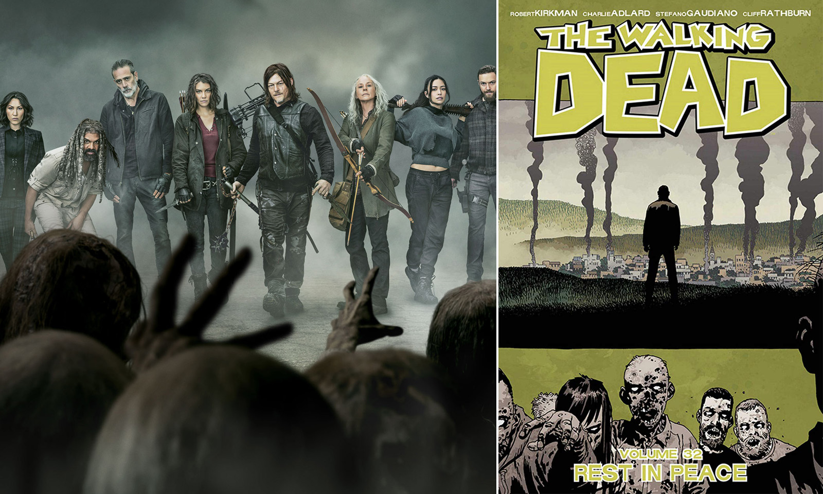 Montagem com o pôster da 11ª temporada de The Walking Dead e o último volume dos quadrinhos de Robert Kirkman.