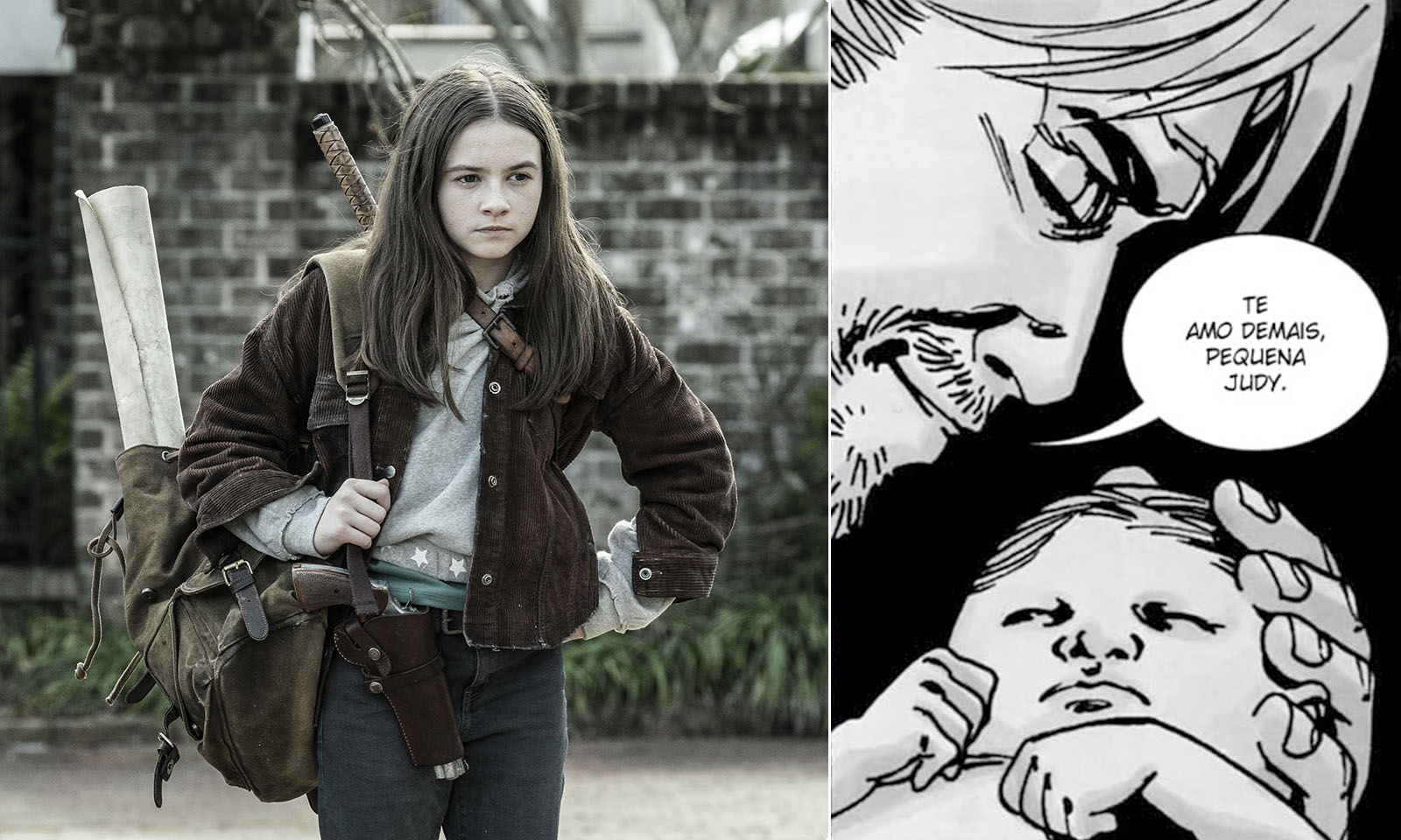 Montagem com Judith no episódio 23 da Série de TV e Rick segurando Judith nos quadrinhos de The Walking Dead.