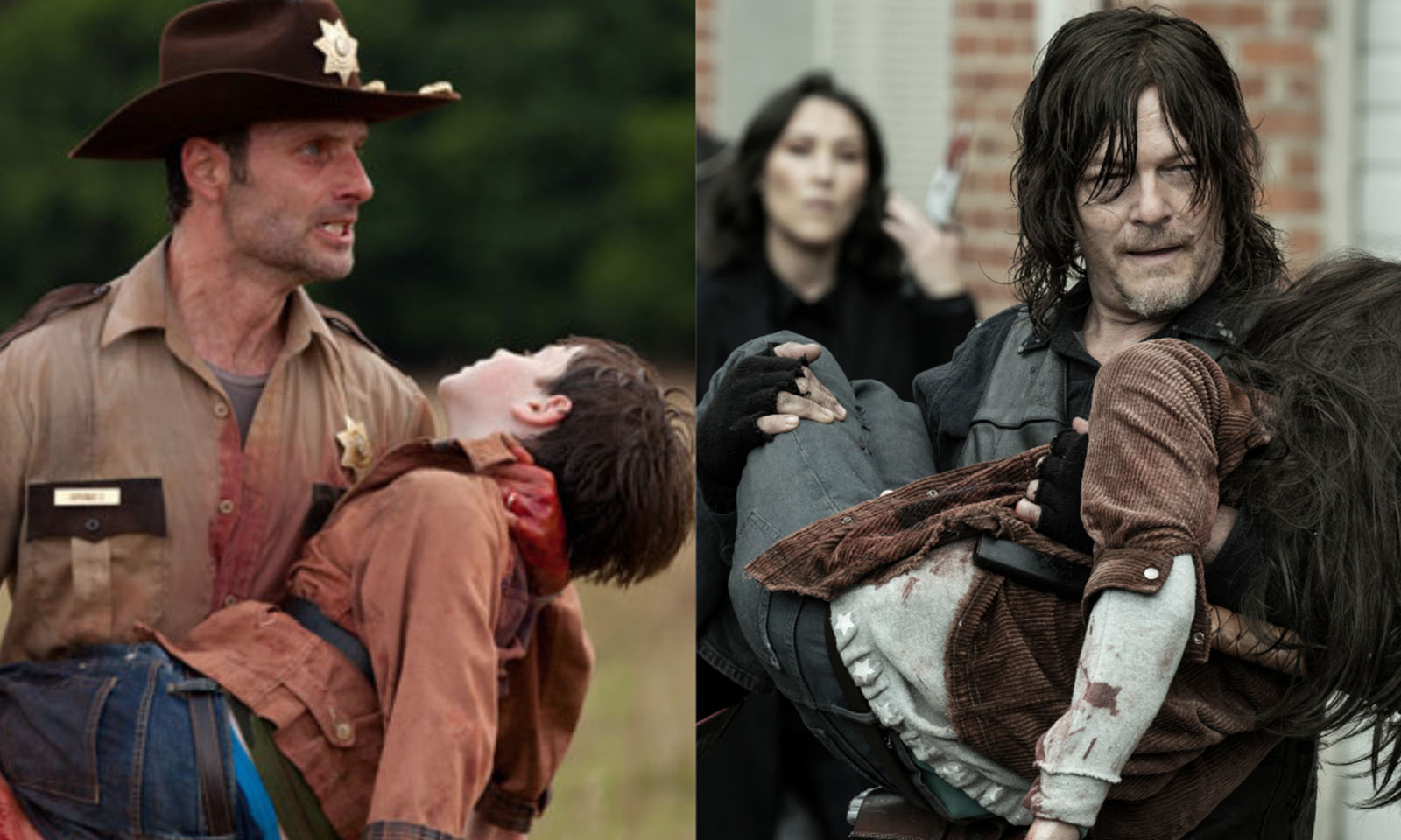 Montagem com Rick segurando Carl que foi baleado na 2ª temporada de The Walking Dead e Daryl segurando Judith que foi baleada na 11ª temporada.