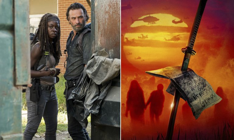 Montagem com foto de Rick e Michonne no episódio 12 da 7ª temporada de The Walking Dead e o pôster promocional do spin-off da dupla.