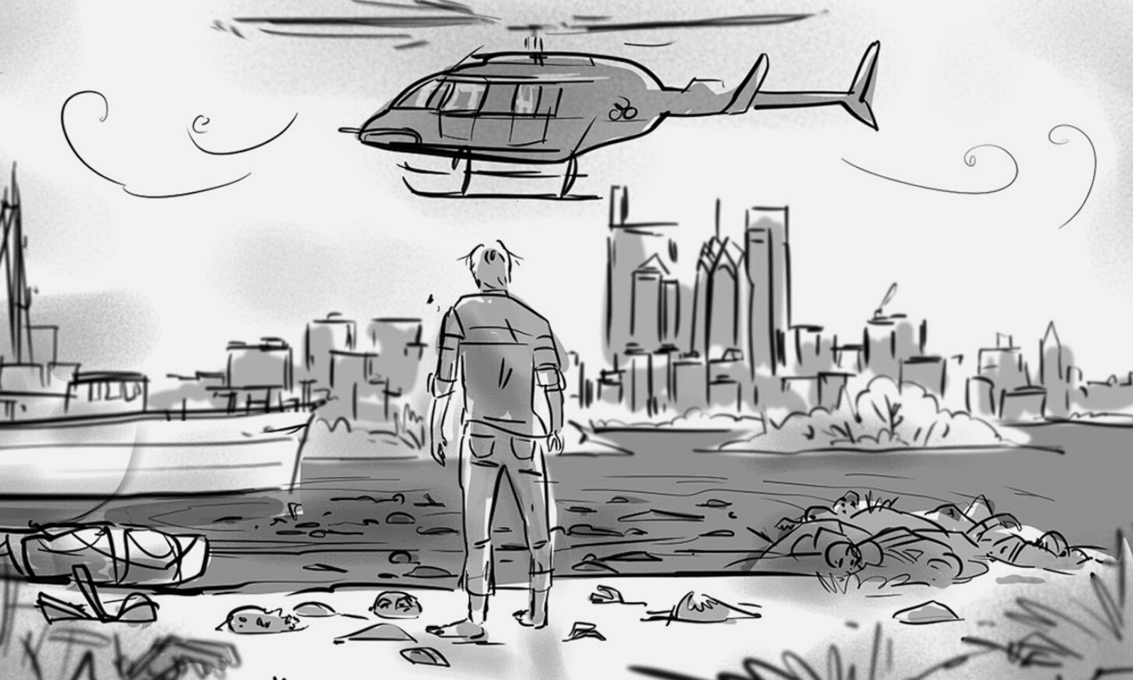 Storyboards mostrando a cena de Rick sendo encurralado pelo helicóptero da CRM no episódio final de The Walking Dead.
