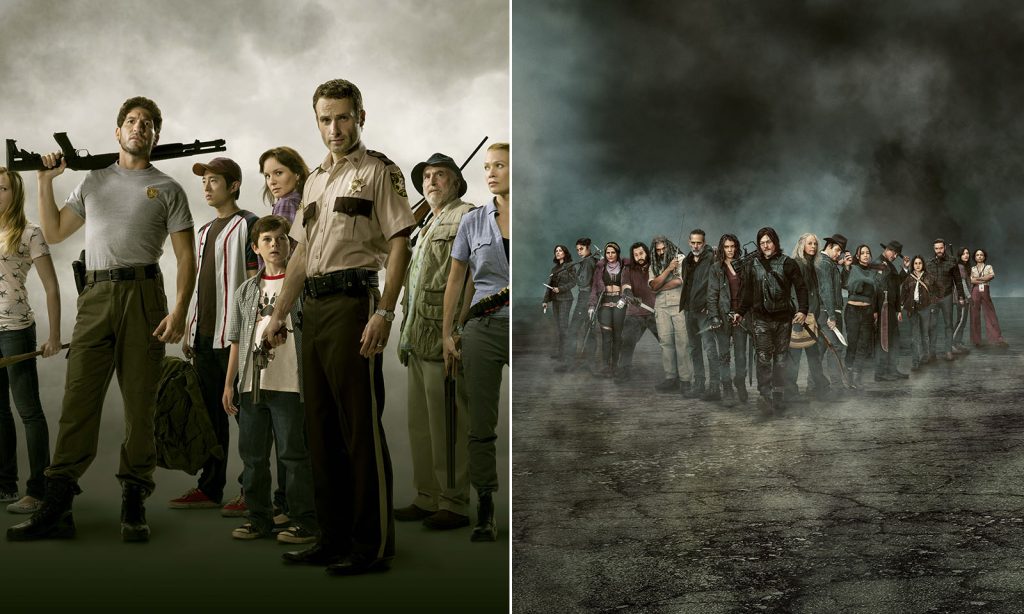Montagem com os pôsteres das temporadas 1 e 11 de The Walking Dead.