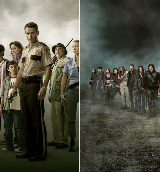 Montagem com os pôsteres das temporadas 1 e 11 de The Walking Dead.