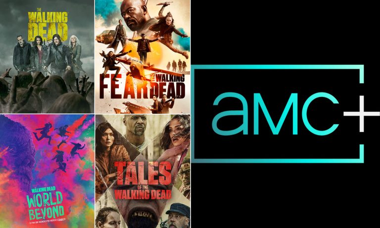 Montagem com os pôsteres das séries The Walking Dead, Fear the Walking Dead, The Walking Dead: World Beyond, Tales of The Walking Dead e a logo do streaming AMC+.