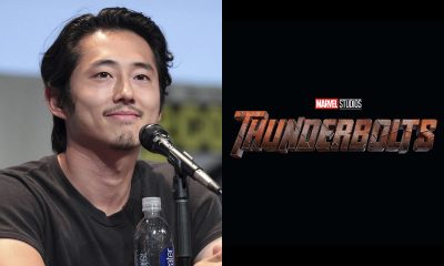 Montagem com foto do Steven Yeun em um painel e a logo do filme Thunderbolts, da Marvel Studios.