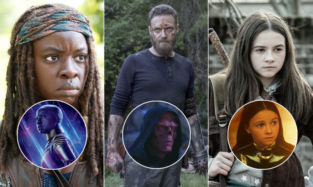 Montagem com os personagens de Danai Gurira, Ross Marquand e Cailey Fleming em The Walking Dead e na Marvel.