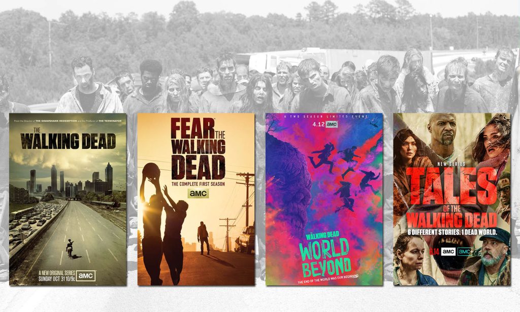 Montagem com os pôsteres da 4 séries do Universo The Walking Dead já lançadas e zumbis ao fundo.
