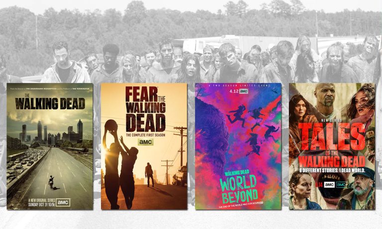 Montagem com os pôsteres da 4 séries do Universo The Walking Dead já lançadas e zumbis ao fundo.