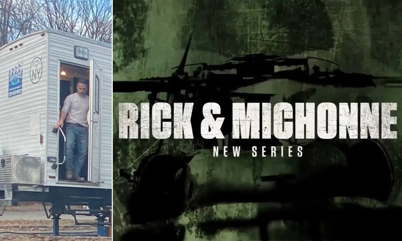 Montagem com a logo inicial do spin-off de The Walking Dead focado em Rick e Michonne e uma foto do set de gravações com Andrew Lincoln saindo de seu trailer.