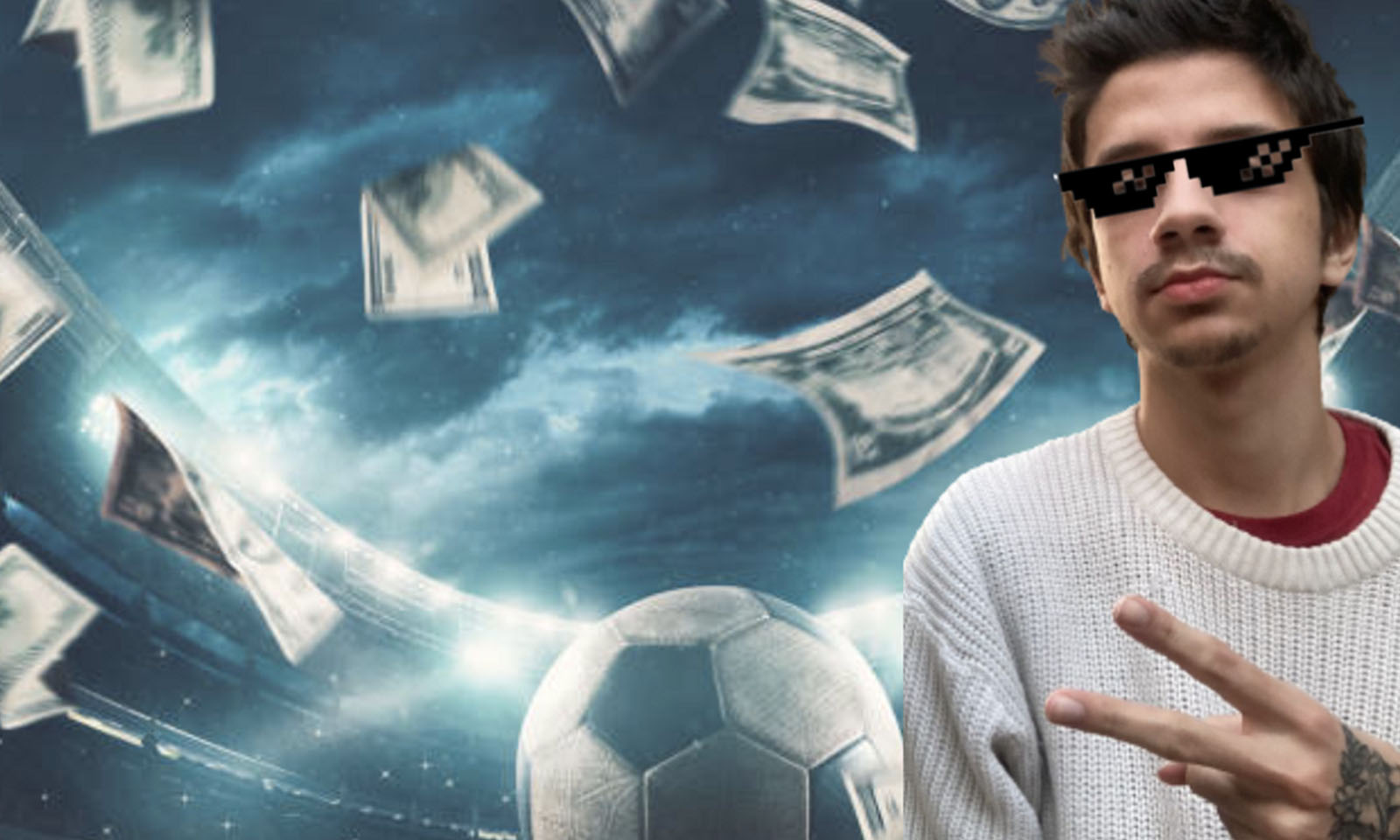 Imagem de homem com óculos e dinheiros ao fundo para simbolizar o Apostas Desportivas 2023.