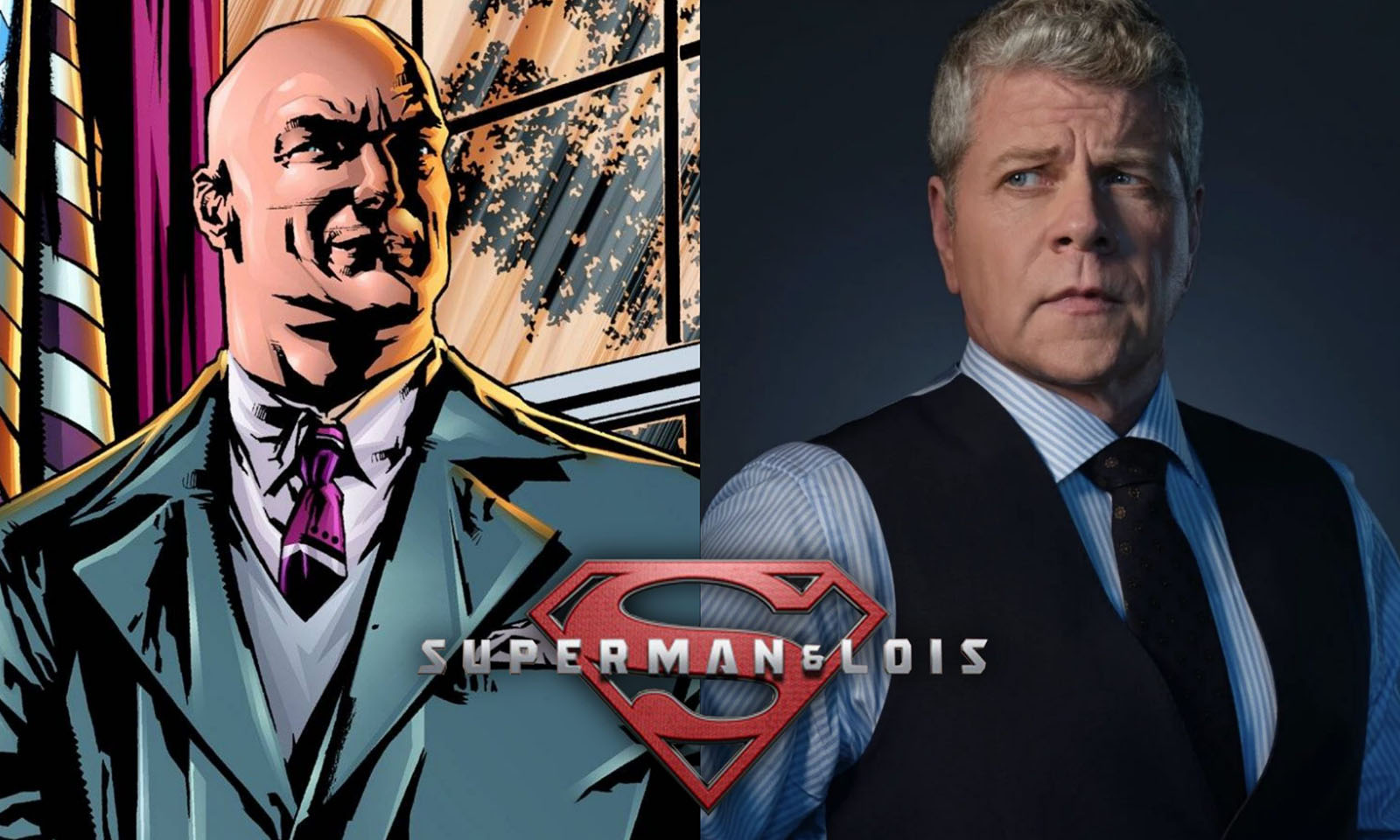 Montagem com imagem de Lex Luthor nos quadrinhos e foto de Michael Cudlitz com logo da série Superman & Lois;