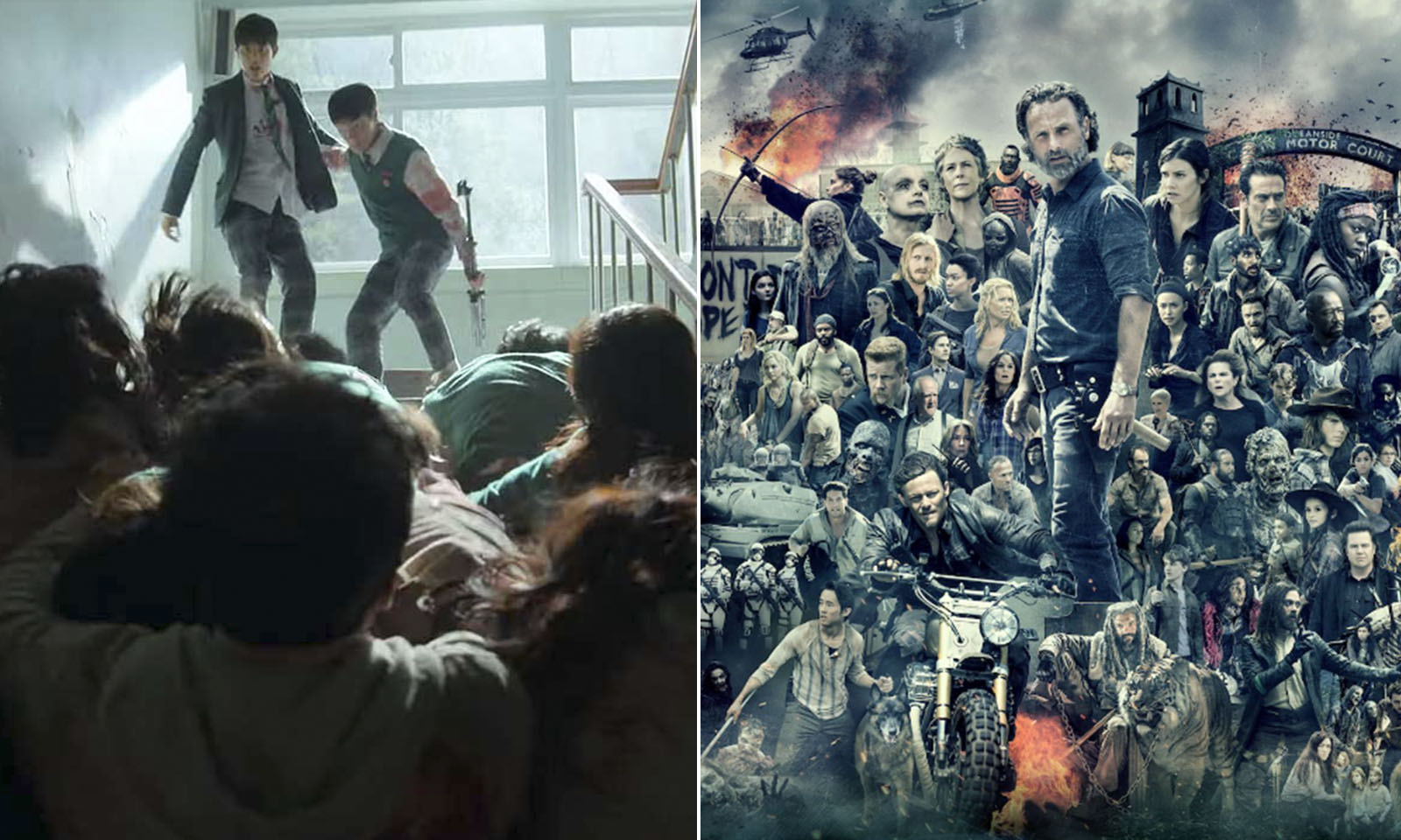Montagem com cena de All of Us Are Dead e pôster com os personagens de The Walking Dead para ilustrar as séries de zumbis na Netflix.