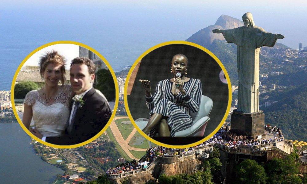 Montagem com fotos do Cristo Redentor (Rio de Janeiro) e dos atores de The Walking Dead, Andrew Lincoln (Rick Grimes) e Danai Gurira (Michonne).