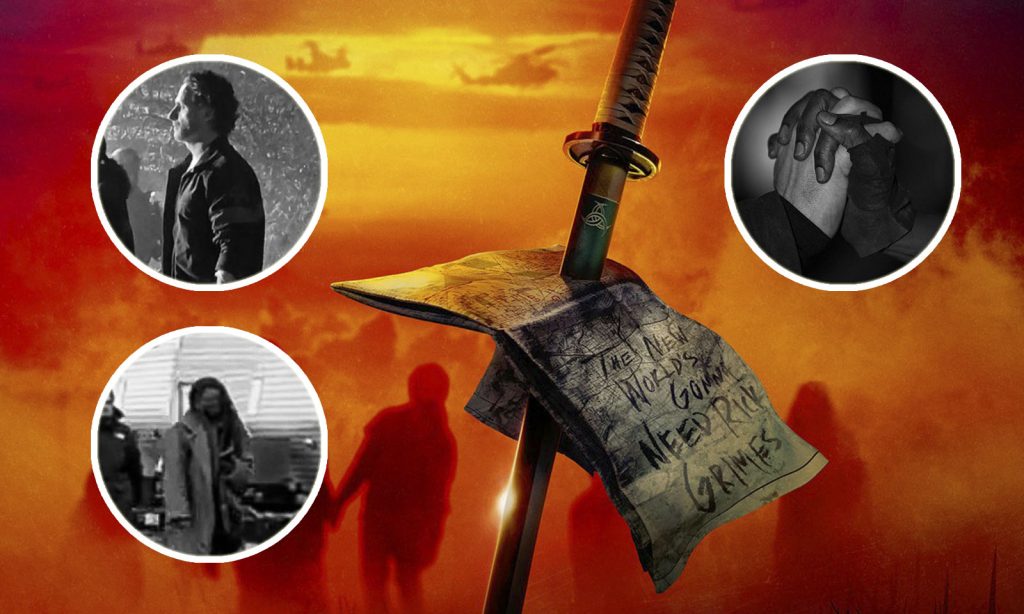 Montagem com pôster promocional divulgado pela AMC onde vemos a espada de Michonne e o mapa escrito "O Novo Mundo Precisa de Rick Grimes" e fotos de Andrew Lincoln e Danai Gurira nos bastidores das gravações do spin-off.