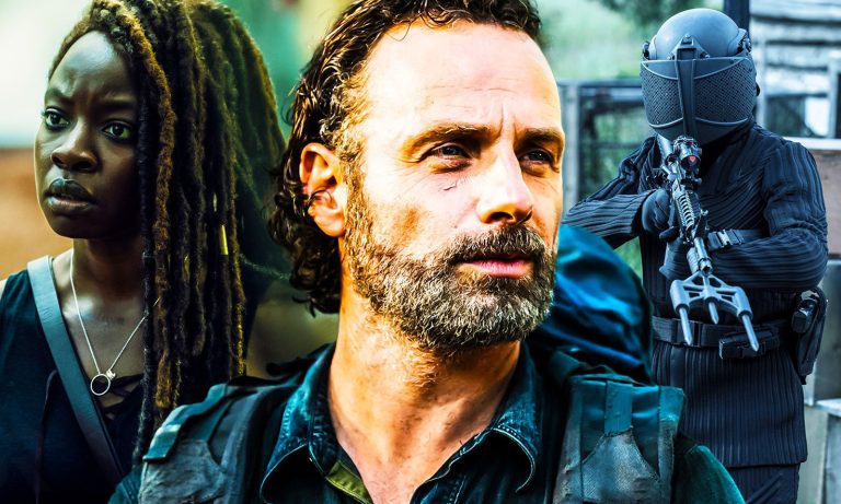 Montagem com fotos de Rick, Michonne e um soldado da CRM no Universo The Walking Dead.