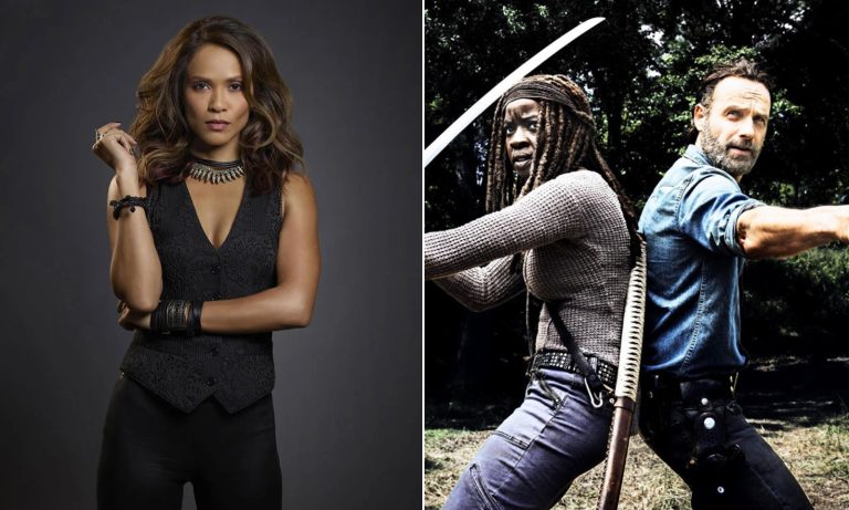 Montagem com foto promocional de Lesley-Ann Brandt e foto de Rick e Michonne em The Walking Dead.