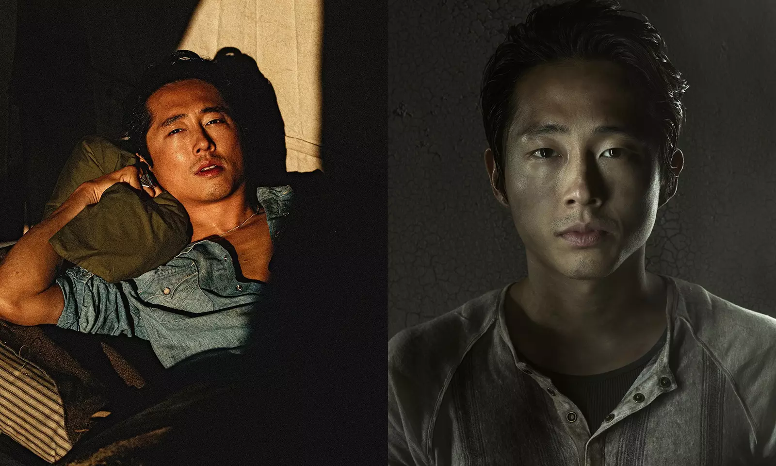 Montagem com foto de ensaio fotográfico de Steven Yeun e imagem promocional de Glenn Rhee em The Walking Dead.